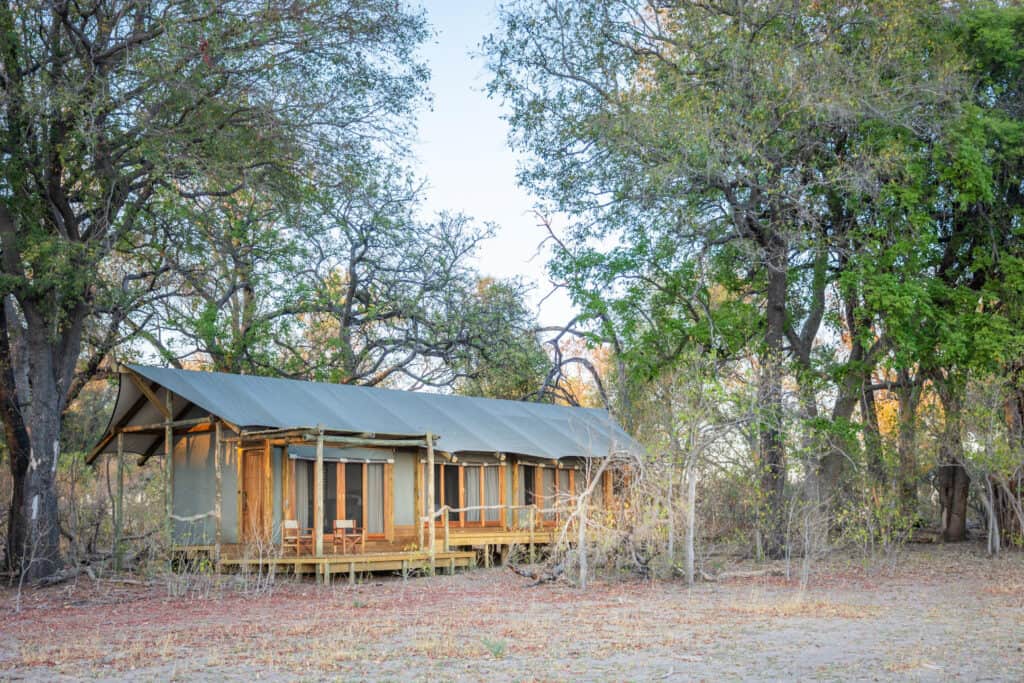 Exterior view of Kwara Camp in the Okavango Delta, Botswana.