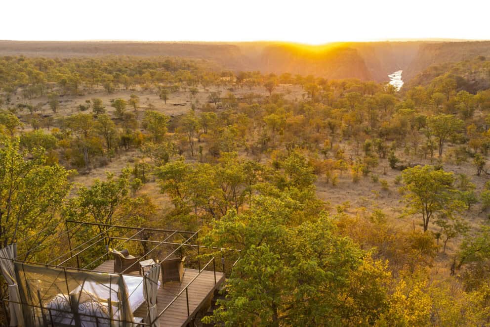 View of the African bush at sunset from the star bed suite at The Elephant Camp, Zimbabwe