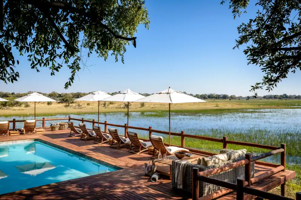 View of Chief's Island from the pool deck at Chief's Camp, Botswana.