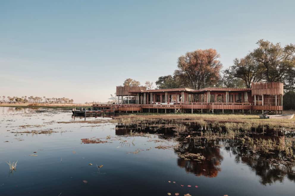 View of Baine's Camp from the Okavango Delta, Botswana.