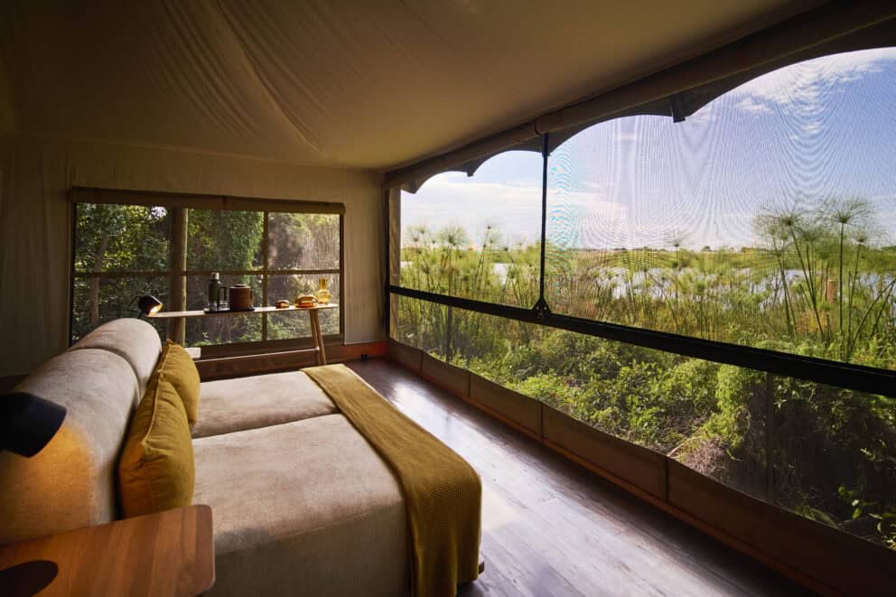 View of the Xugana Lagoon from the bedroom at Xugana Island Lodge, Botswana.