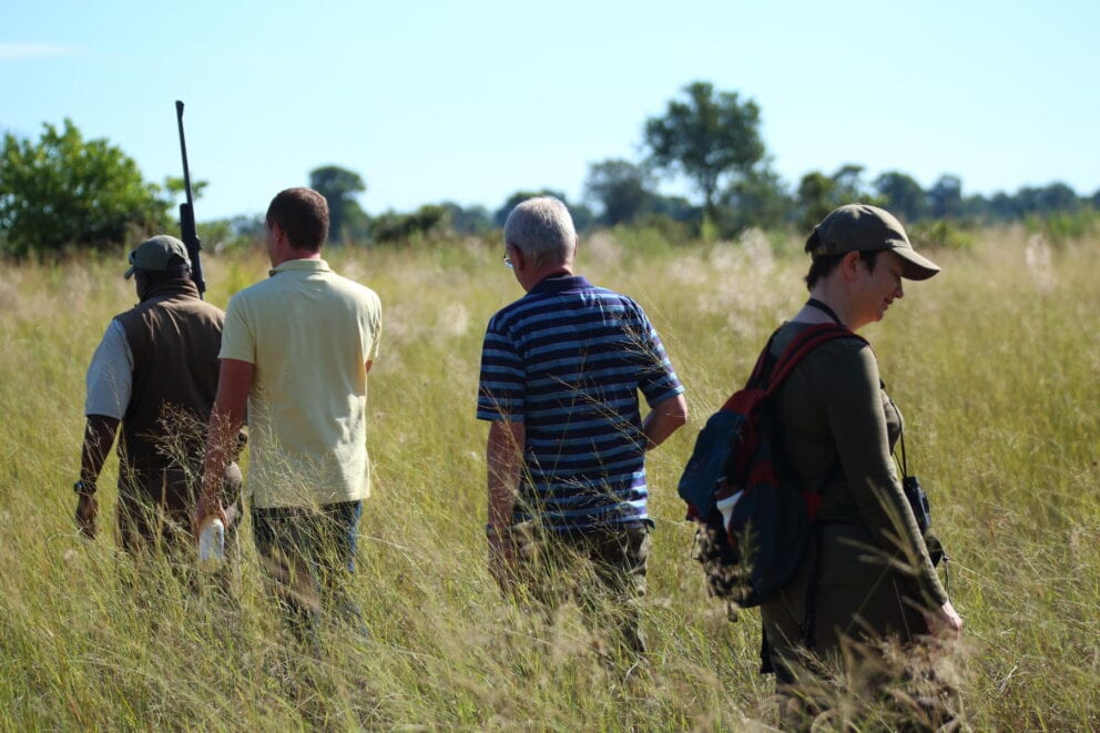 Guests on a guided walking safari near Kwara in the Okavango Delta, Botswana.