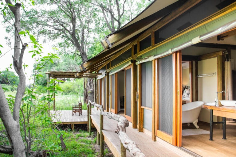 View of the floodplains from the bedroom suite at Kwara Camp, Botswana.
