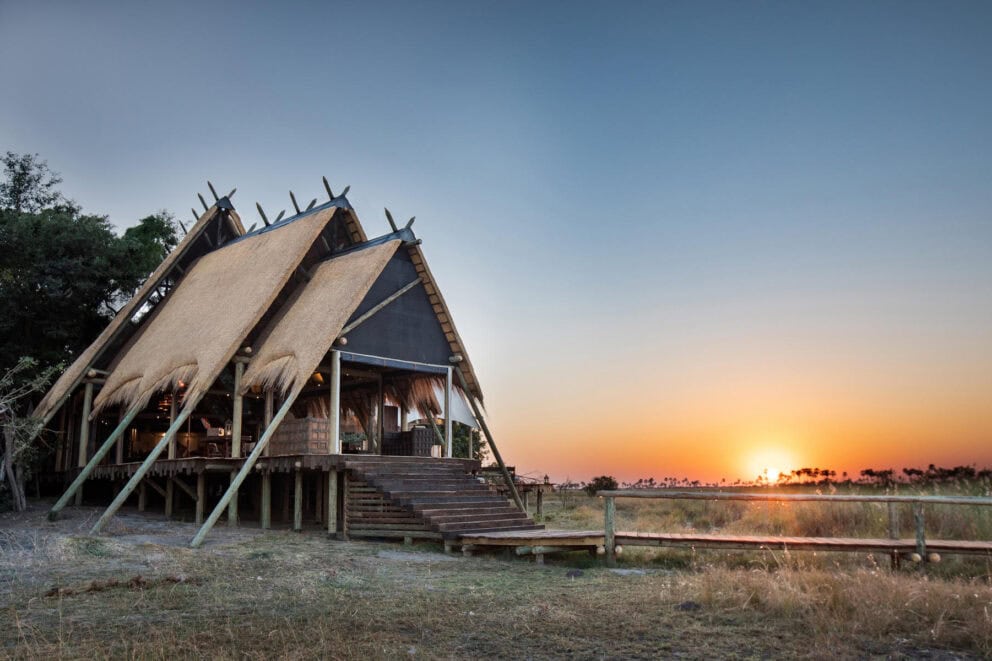 Exterior view of the thatch covered suite at Selinda Camp, Botswana.