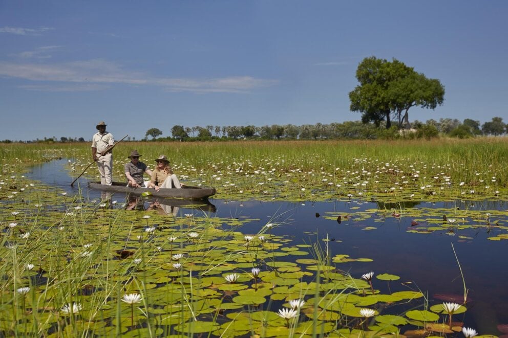 A couple on a mokoro boat ride with lilypads lining the edge of the water channel at Xigera Safari Lodge, Botswana.