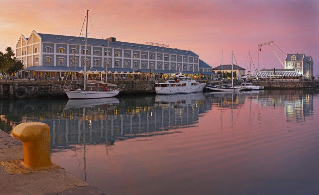 Exterior view at sunset of Victoria & Alfred Hotel, South Africa.