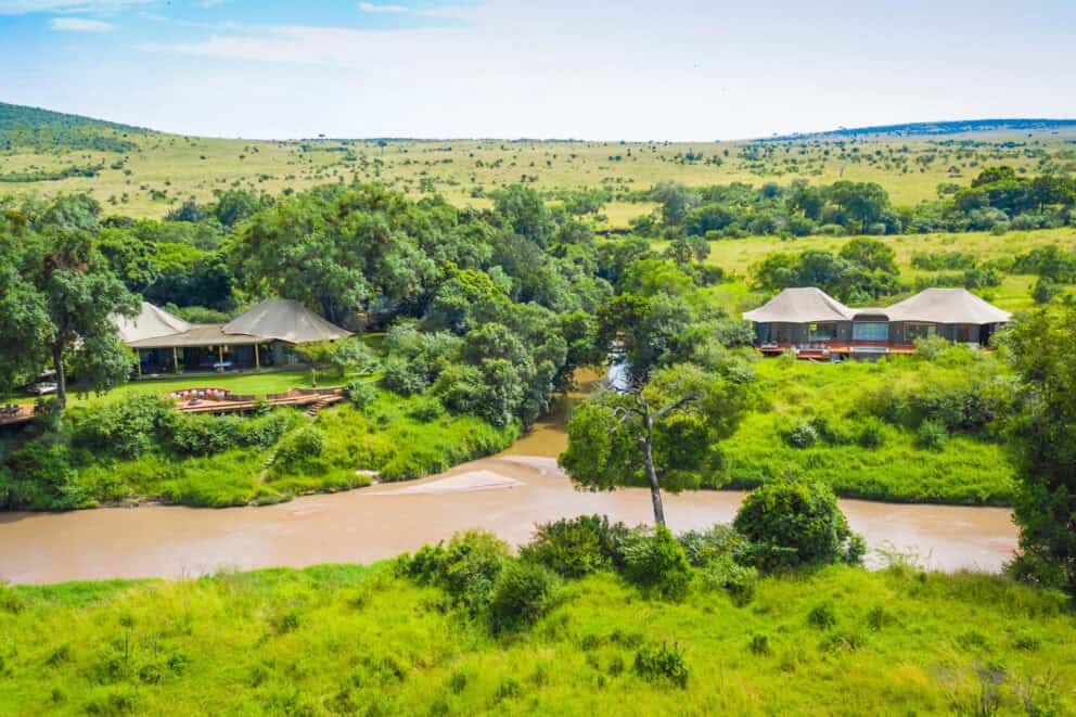 Aerial view of Sala's Camp surrounded by trees along the Sand and Keekerok Rivers bank at Sala's Camp, Kenya.