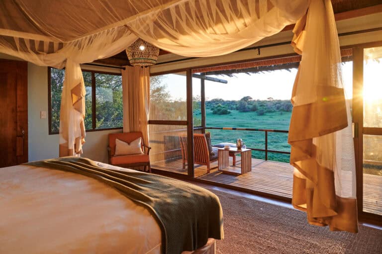 View of the African landscape from a luxury bedroom at Leroo La Tau, Botswana.
