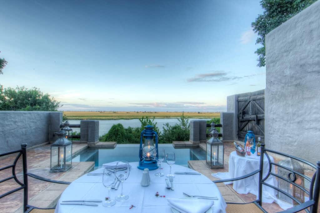 Private dinner for couples overlooking the Chobe River. This is perfect for a romantic Botswana honeymoon safari. 