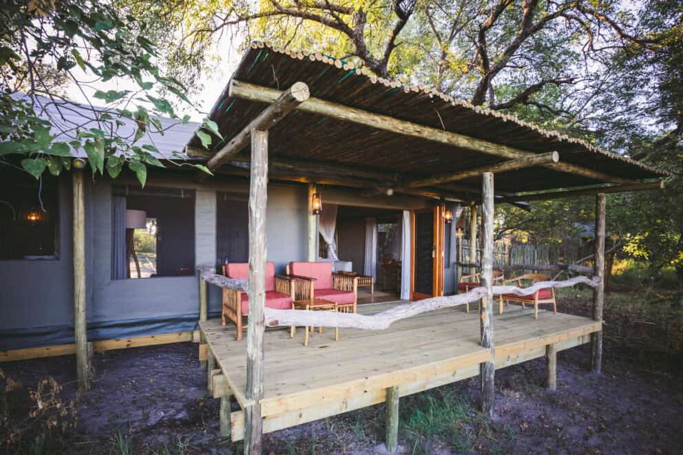 Exterior view of the spacious family tent at Camp Xakanaxa, Botswana.