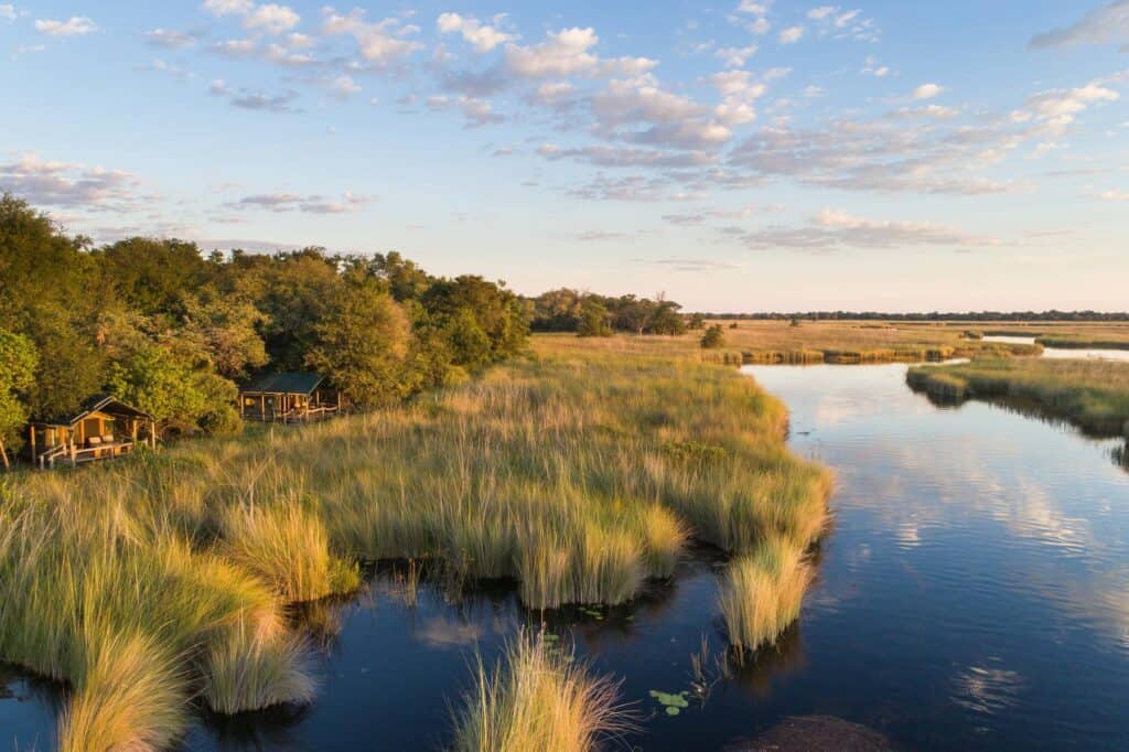 Aerial view of Camp Xakanaxa in Botswana situated along the Khwai River.