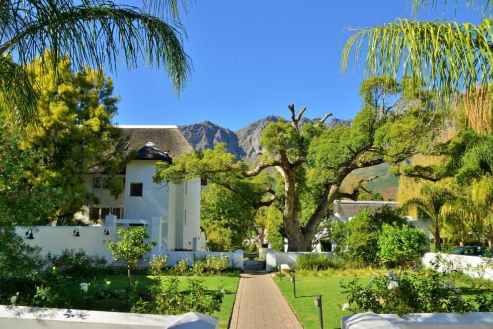 View of the garden at Le Franschhoek Hotel & Spa, South Africa.