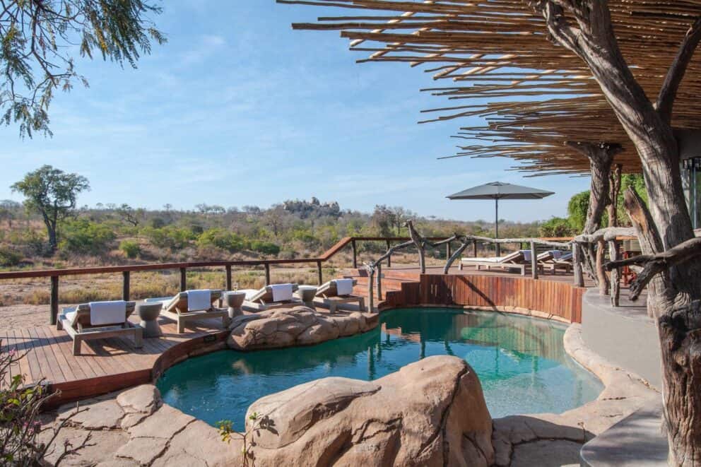 View of the pool deck at Jock Safari Lodge, Kruger National Park