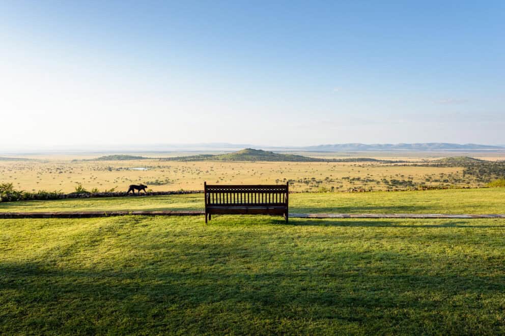 A bench on the lush green grass overlooking the endless grasslands at Singita Sasakwa Lodge, Tanzania.