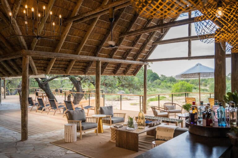 View of the African bush from the main lodge deck at Thornybush Game Lodge, South Africa.
