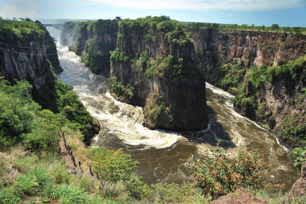 View of the Batoka Gorge looking towards the Victoria Falls Bridge at The Elephant Camp, Zimbabwe.