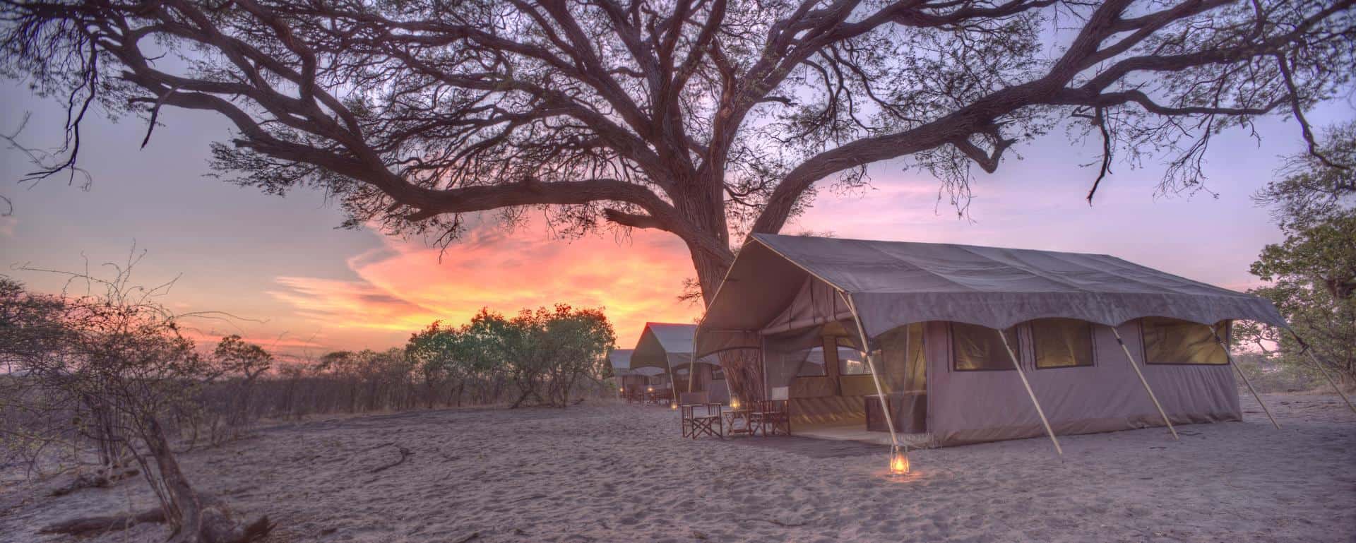 Mobile tented camp at sunset in Chobe