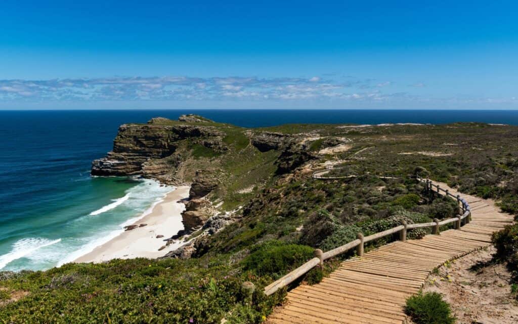 View of Cape Point from the upper walkway in South Africa.