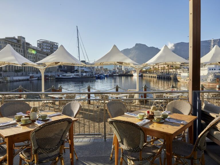 Seating area in the harbor at Victoria & Alfred Hotel, South Africa.