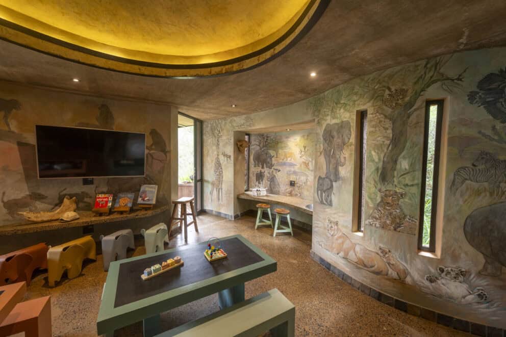 View of Eco House with playful animal art at Lelapa Lodge, Madikwe.