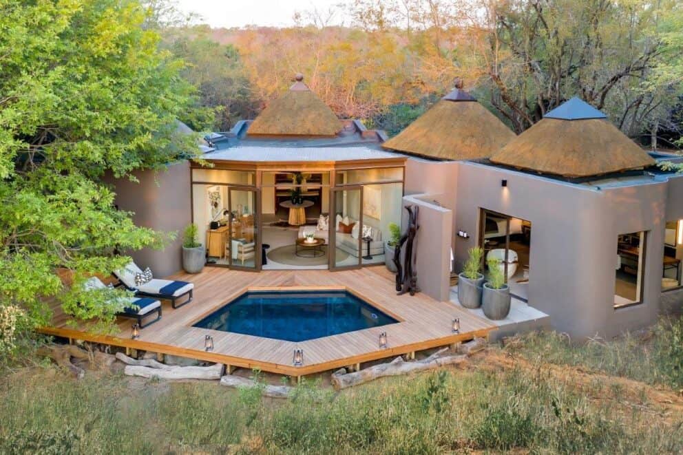 View of the private patio of a suite at Sabi Sabi Bush Lodge, South Africa.