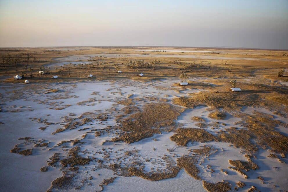 Aerial view of San Camp in Makgadikgadi Pans