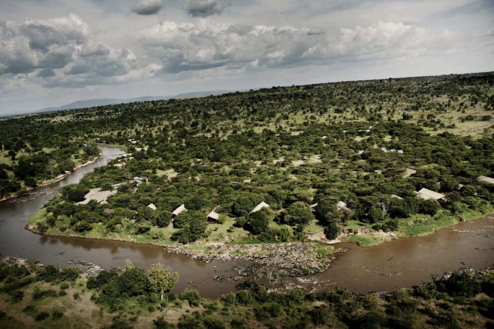 Aerial view of the Karen Blixen Camp on the bank of the Mara River, Kenya