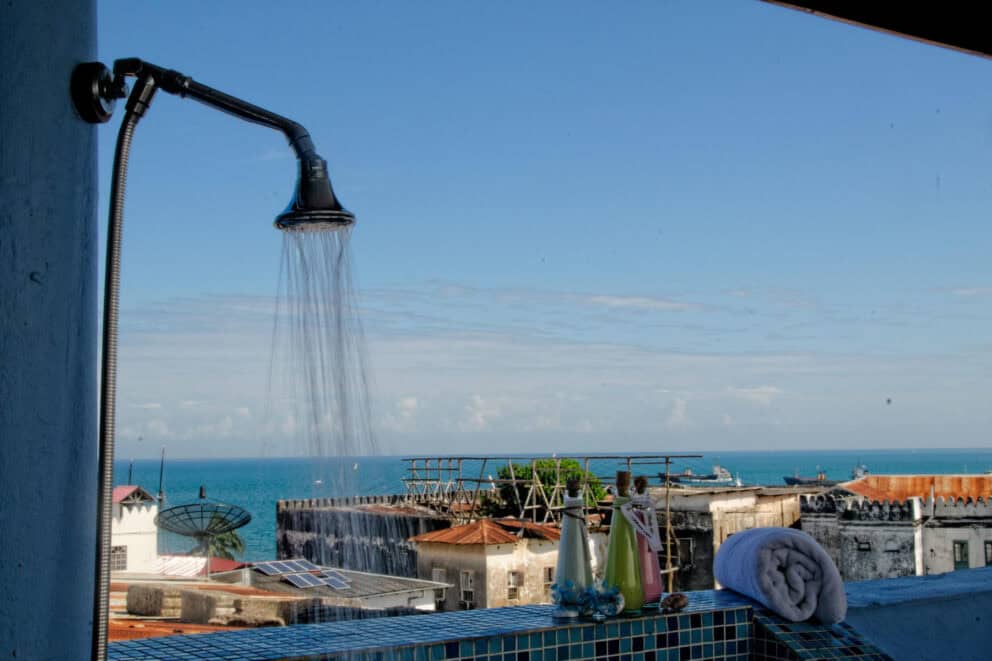 View of Stone Town from the balcony of a hotel on a African beach holiday
