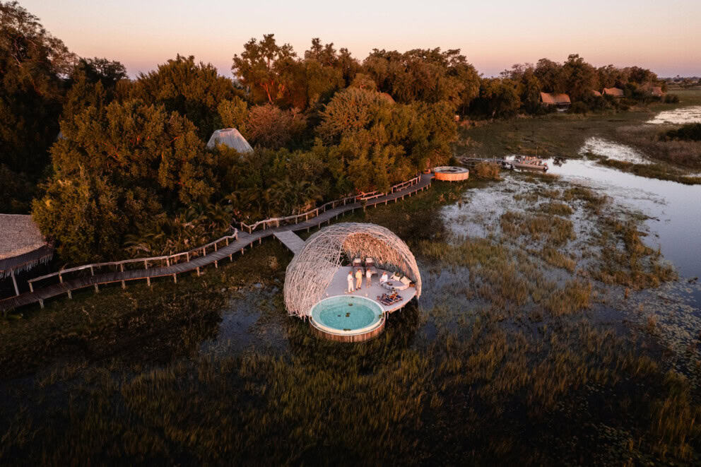 An aerial view of the pool area at Wilderness Jao, Okavango Delta.