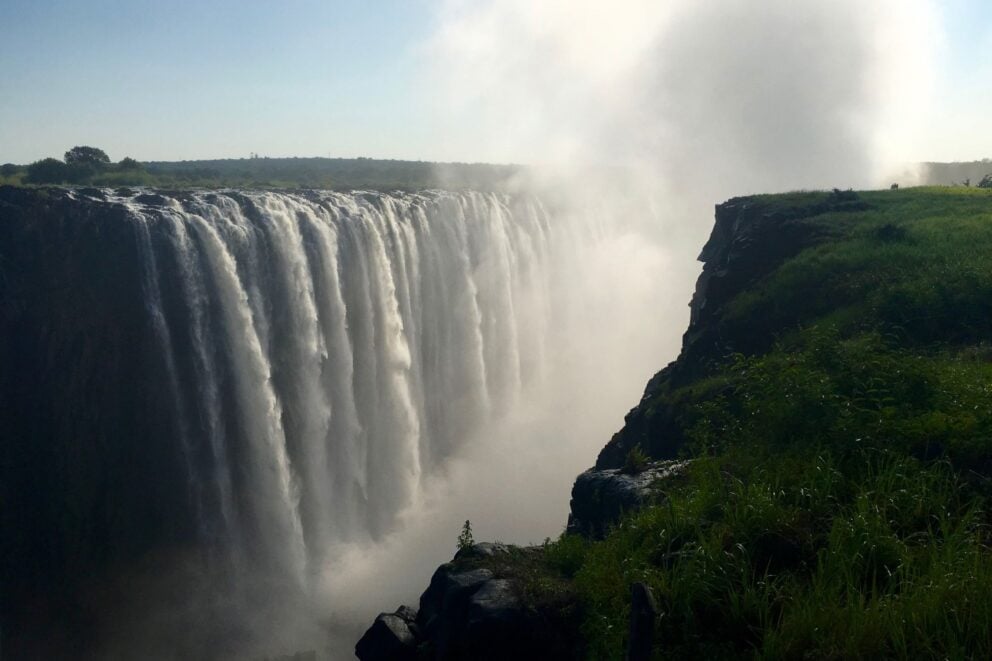 View of Victoria Falls at Sindabezi Island Lodge, Zambia.