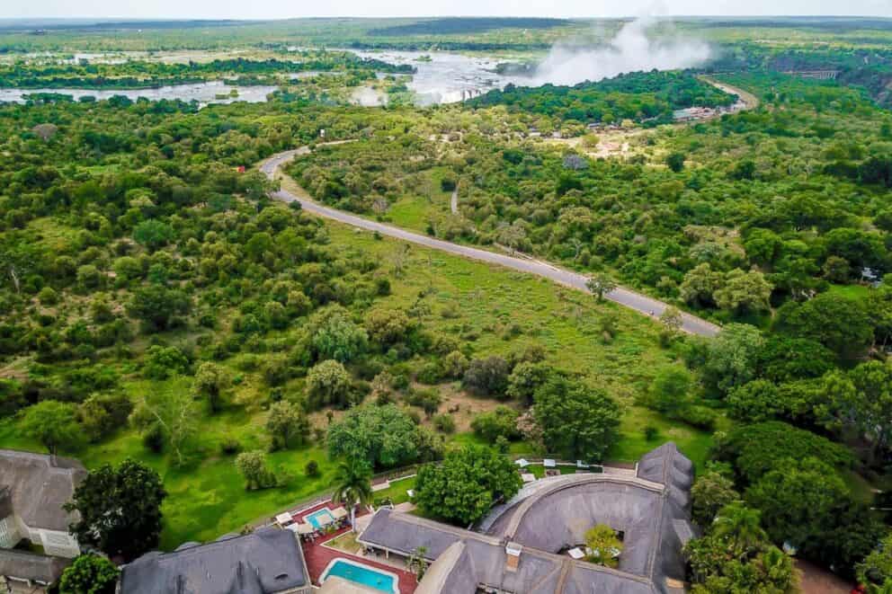 An aerial view of the landscape, featuring Victoria Falls at Ilala Lodge Hotel, Zimbabwe.