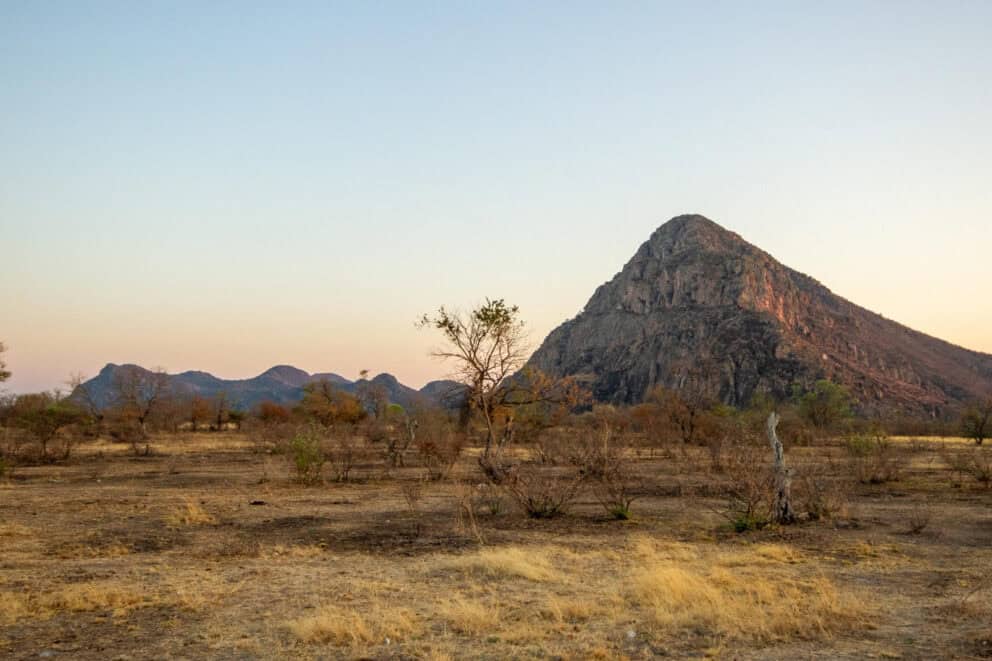 View of one of the hills in Tsodilo Hills near Nxamaseri Island Lodge, Botswana.