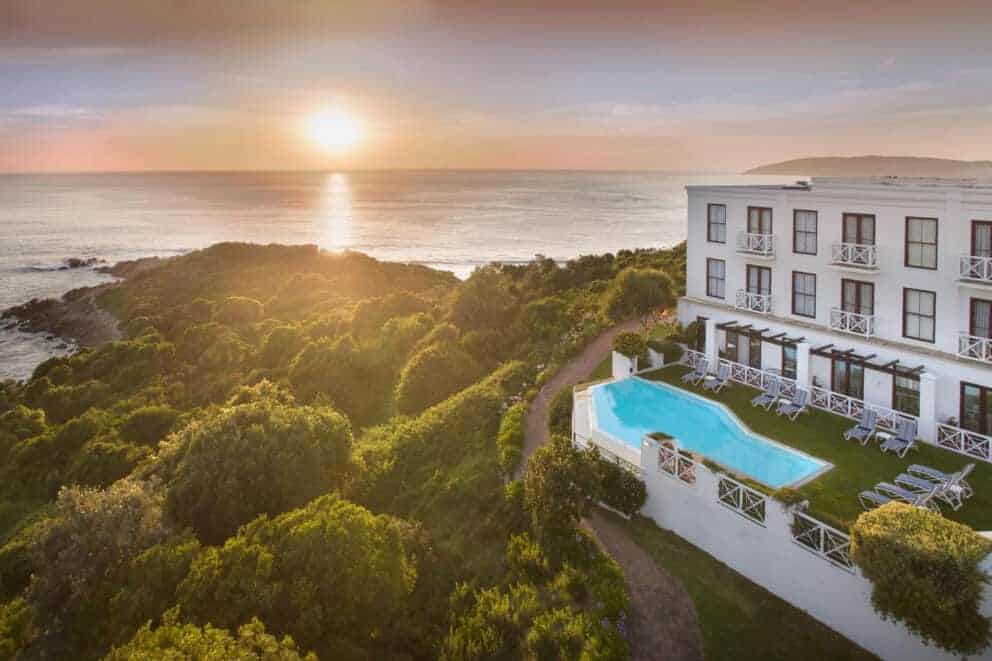Sunset aerial view of The Plettenberg in Plettenberg Bay, South Africa.