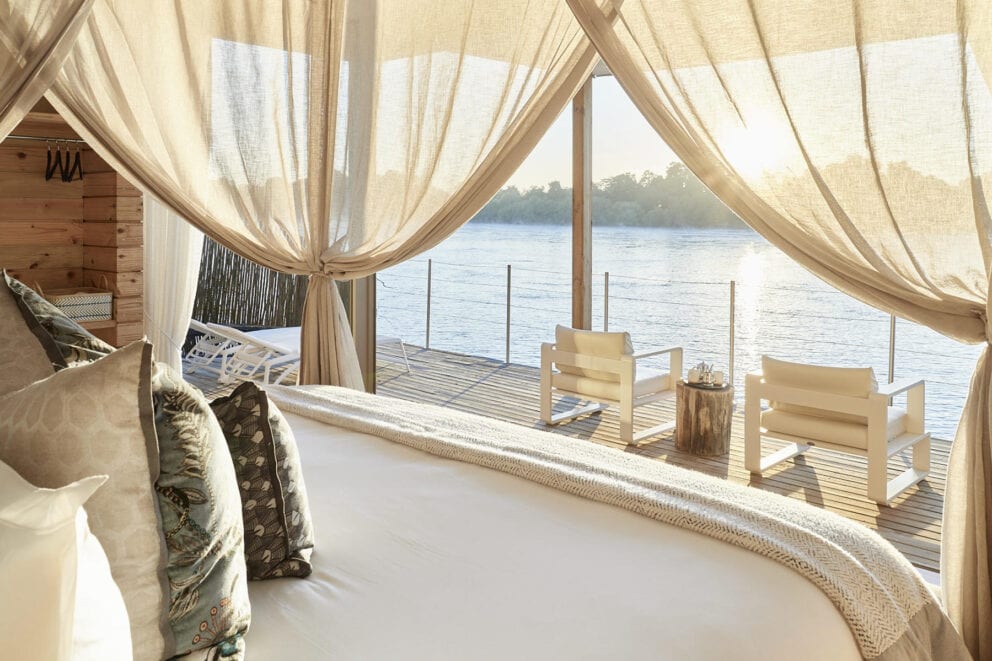 A view of the Zambezi River from the comfort of your bed at Victoria Falls River Lodge, Zimbabwe.