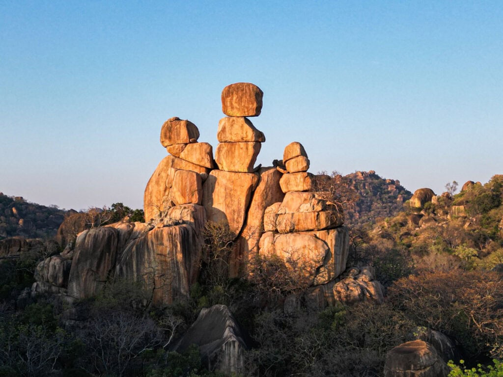 View of the mother and child rock formation in at Amalinda Lodge, Zimbabwe.