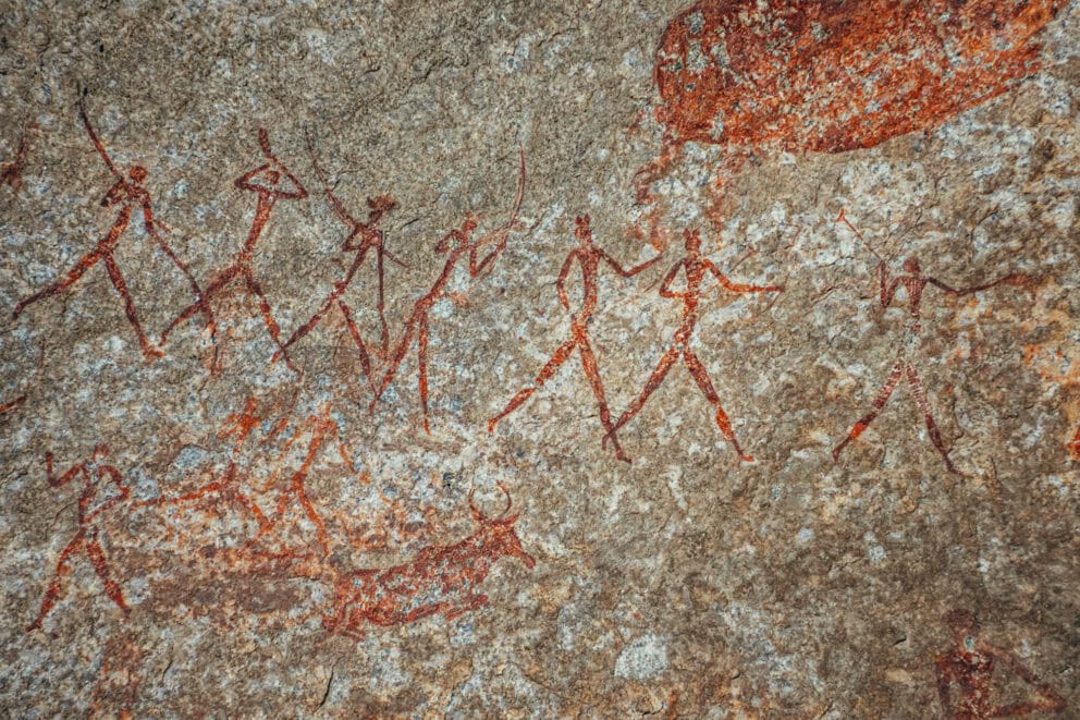 San Bushmen Rock Art painted in a cave at Amalinda Lodge, Zimbabwe.