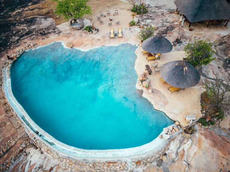 Aerial view of the granite pool at Amalinda Lodge, Zimbabwe.