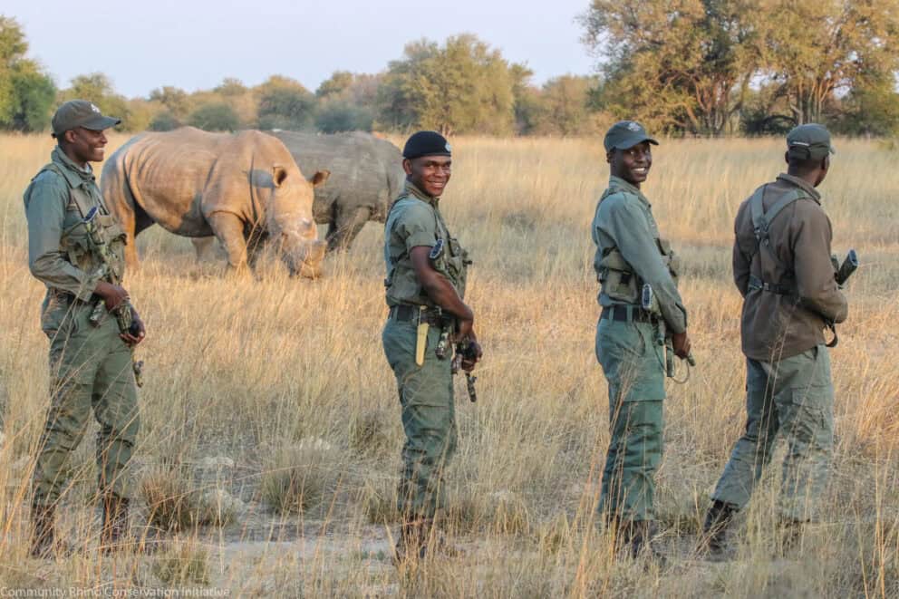 Rangers on patrol for rhino poachers, featuring a pair of rhinos behind them in the distance at Bomani Tented Lodge, Zimbabwe.