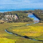 An aerial view of a town in Reunion Island.