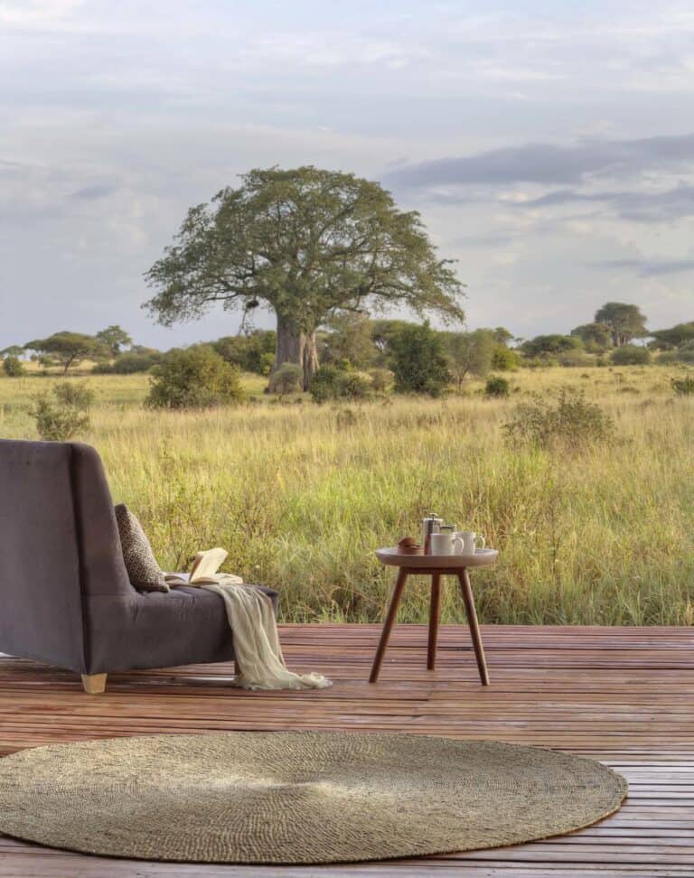 View of the open plains from the deck at Tarangire Ndovu Tented Lodge, Tanzania.