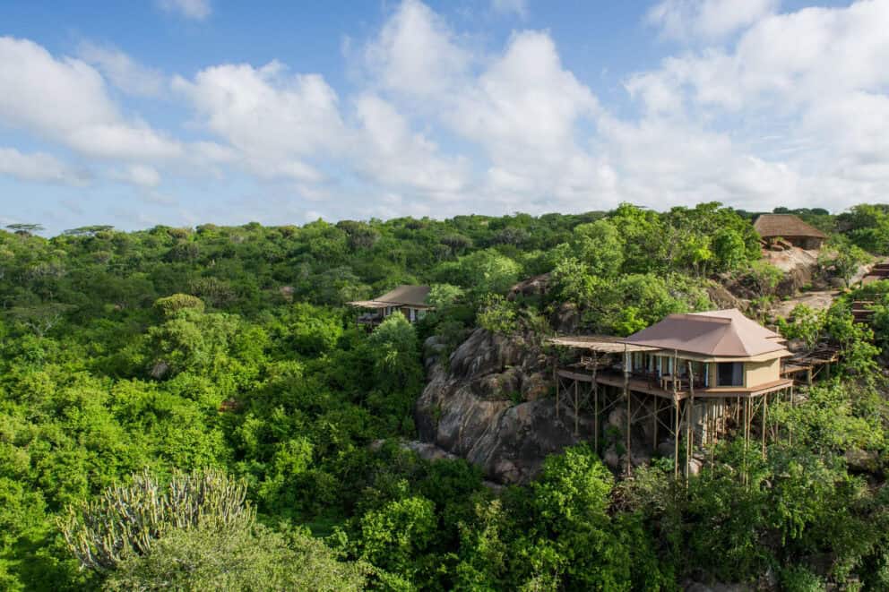 Aerial view of the tented suite surrounded by trees at Mwiba Lodge, Tanzania.
