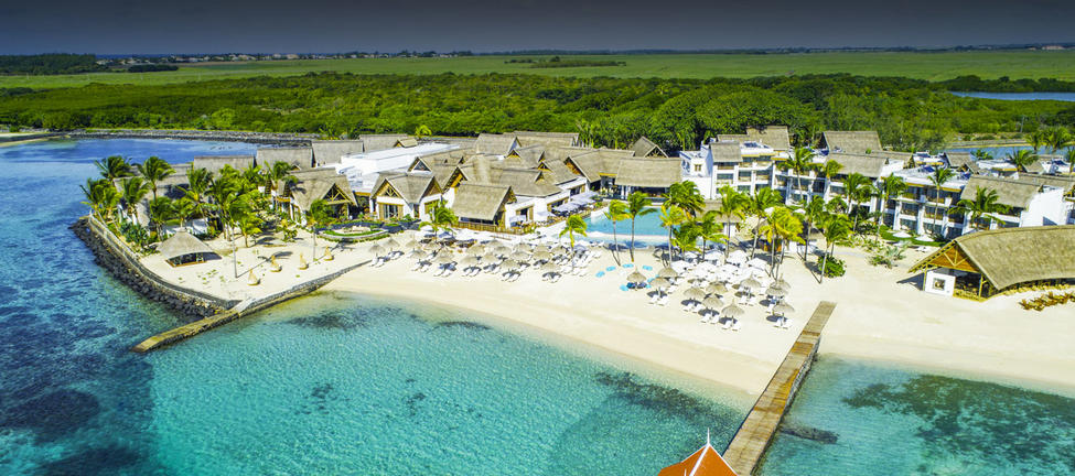 Aerial view of a resort in Mauritius, an African Island and popular beach holiday destination. 