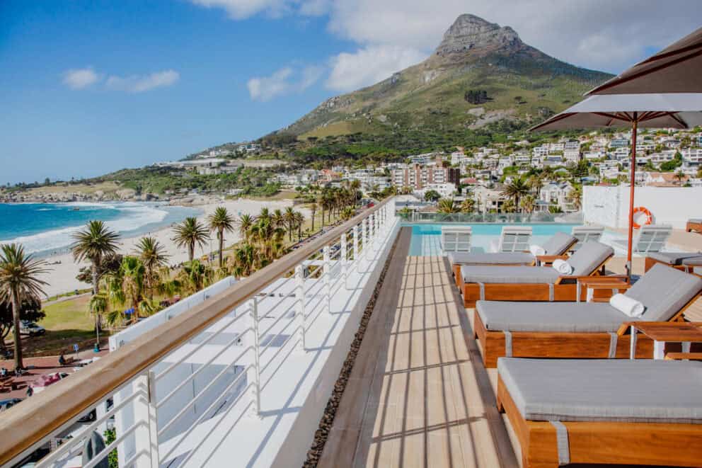 Stunning view of the beach and mountains from the rooftop lounge at The Marly Boutique Hotel and Spa, South Africa.