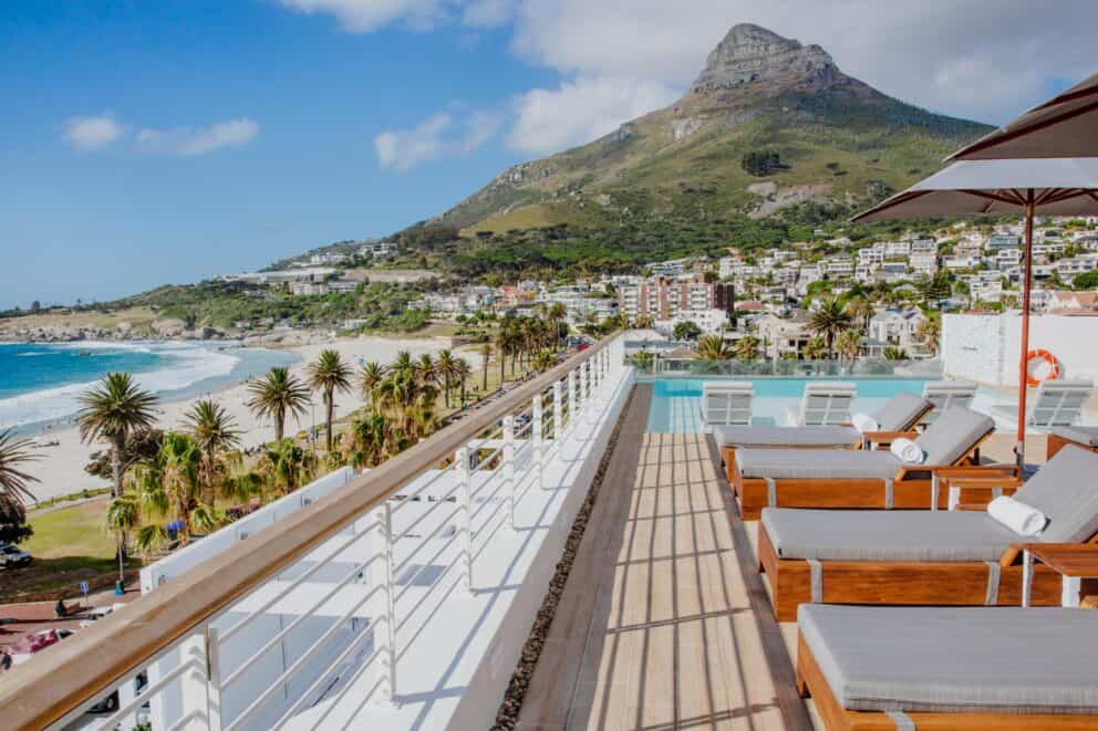 Stunning view of the beach and mountains from the rooftop lounge at The Marly Boutique Hotel and Spa, South Africa.