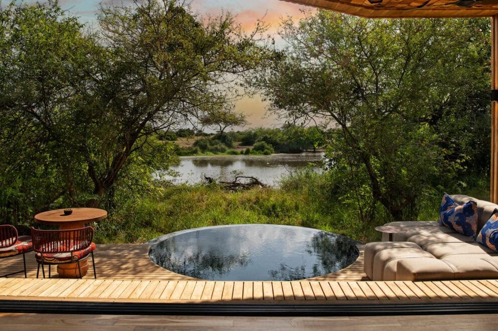 A view of the Grumeti River from the pool deck at andBeyond Grumeti Serengeti River Lodge, Tanzania.