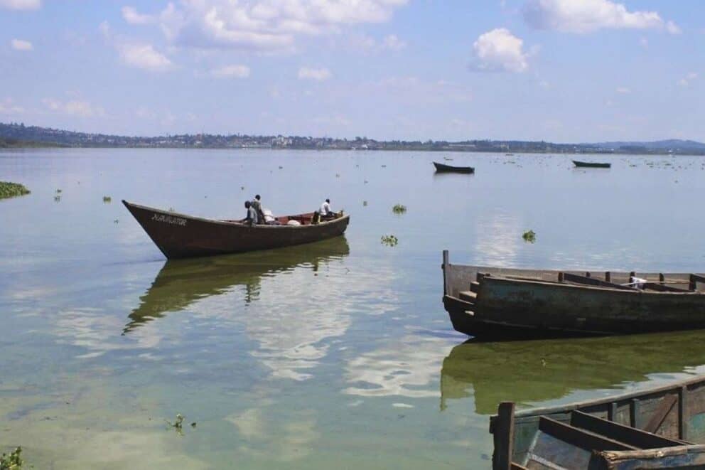 A landmark with Boats lying on Lake Victoria, Kenya.