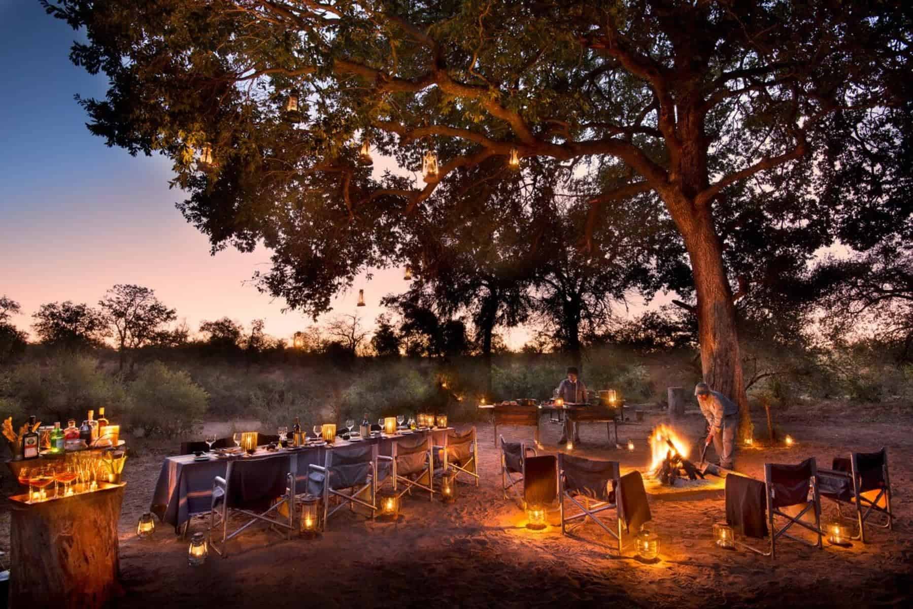 A sunset lantern-lit bush dinner under an ancient tree at RockFig Safari Lodge, South Africa.