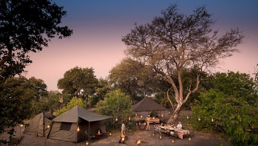 Exterior view of a mobile tented camp in the Okavango Delta, Botswana.