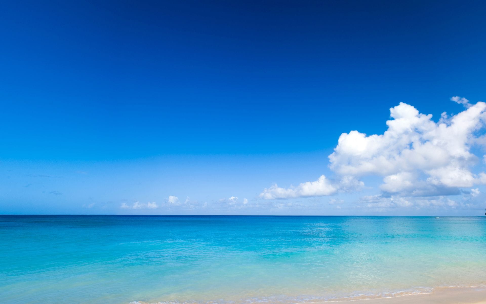View of a seashore with a few white fluffy clouds off the the left of the horizon.