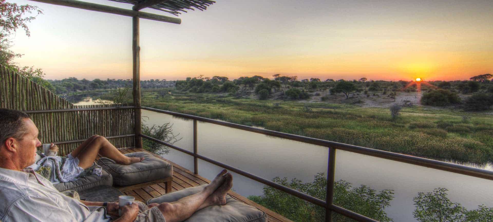View from deck overlooking Makgadikgadi Pans at sunset